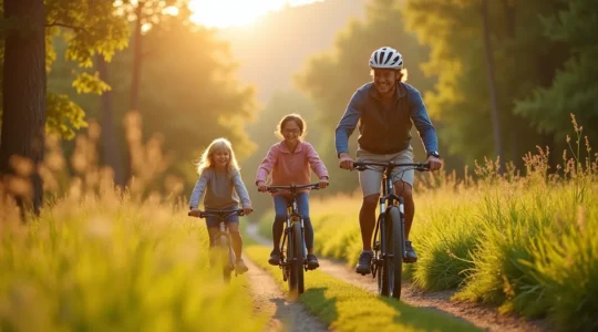 Famille sportive en pleine nature, souriante, pratiquant une activité physique en commun