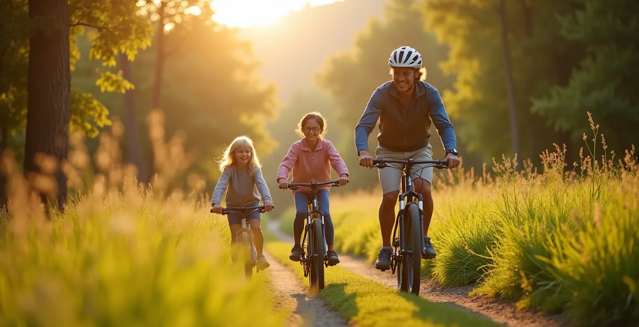Famille sportive en pleine nature, souriante, pratiquant une activité physique en commun