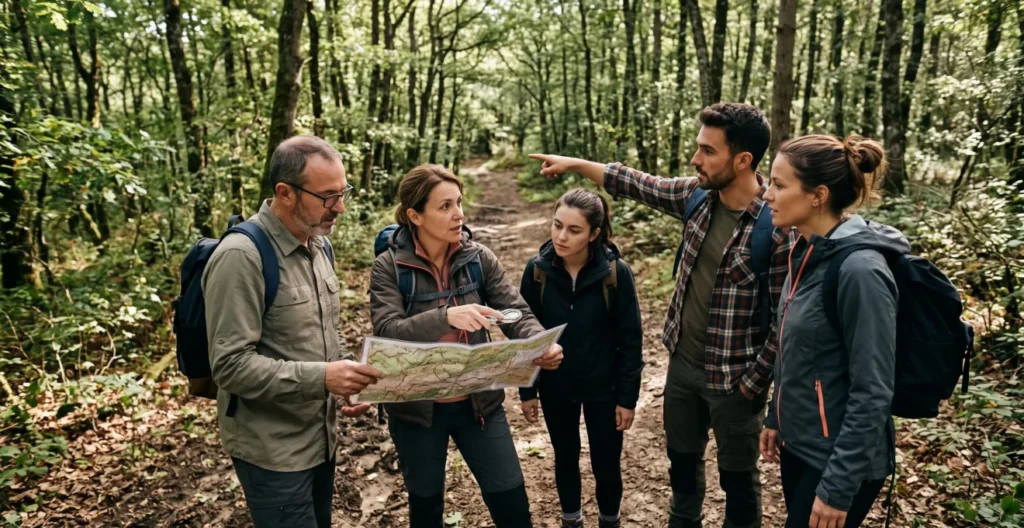 Équipe de professionnels en pleine activité d'orientation collaborative dans un environnement forestier lors d'un séminaire outdoor Équipe de professionnels en pleine activité d'orientation collaborative dans un environnement forestier lors d'un séminaire outdoor
