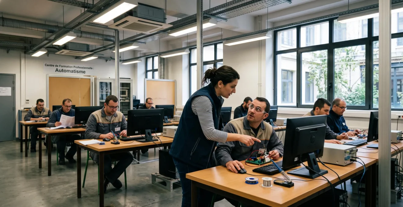 Des adultes suivent un atelier pratique encadré par un formateur dans une salle de formation.