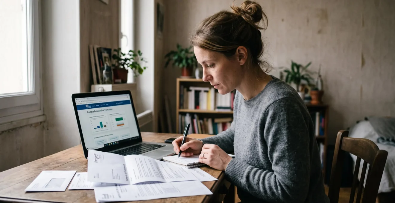 Une personne vérifie ses droits au financement sur son ordinateur portable à domicile.